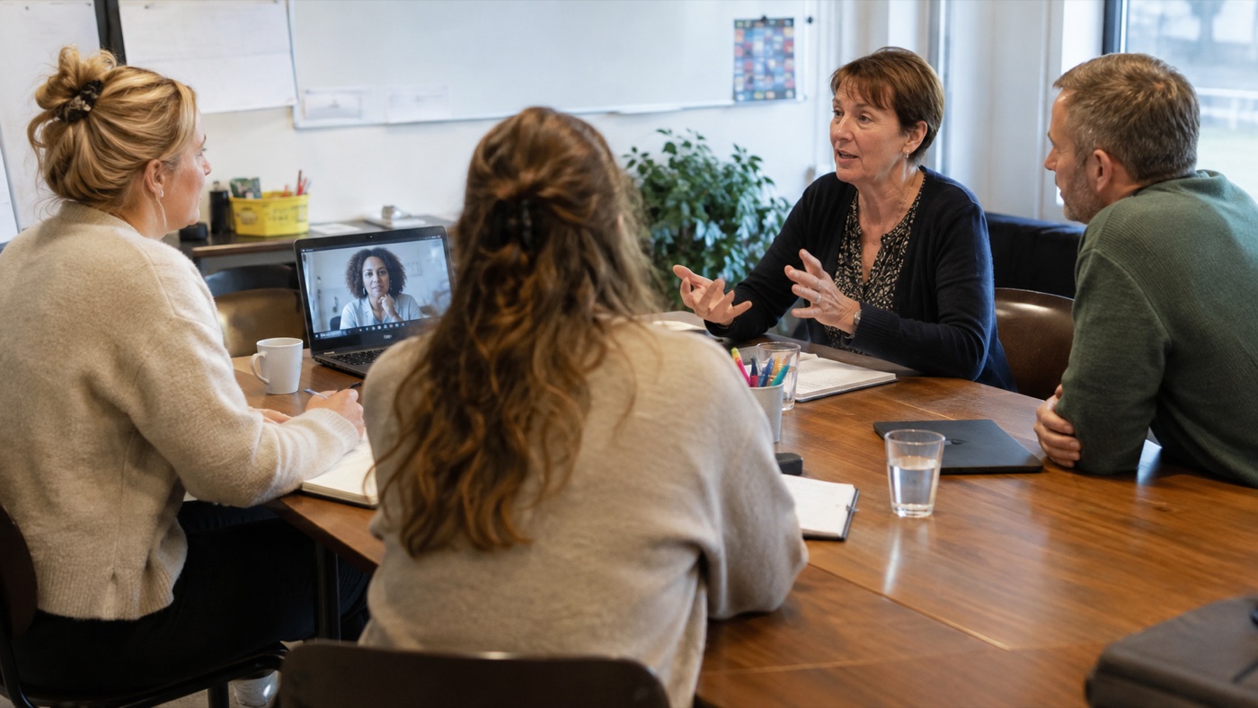 Multidisciplinary team meeting at school, with parents at the table