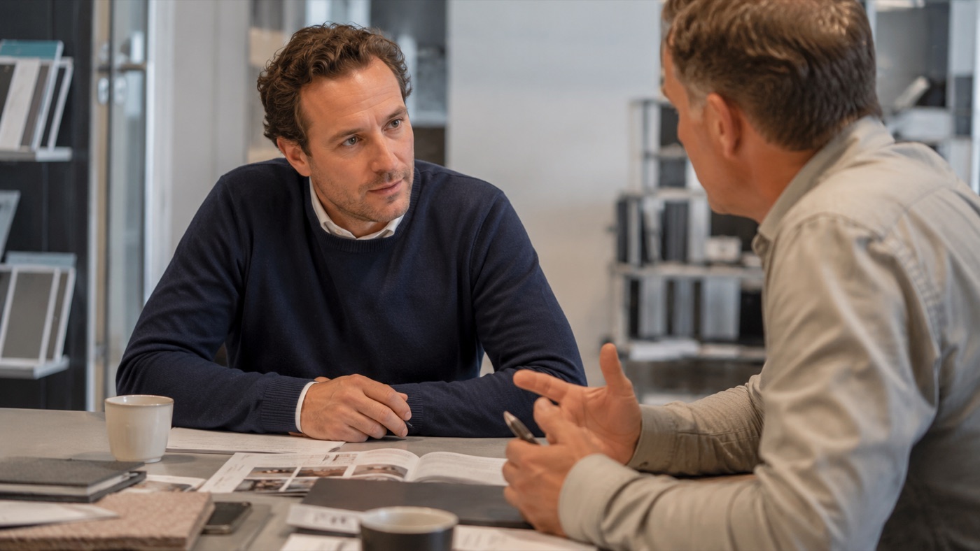 A sales conversation at the table, full attention on the client