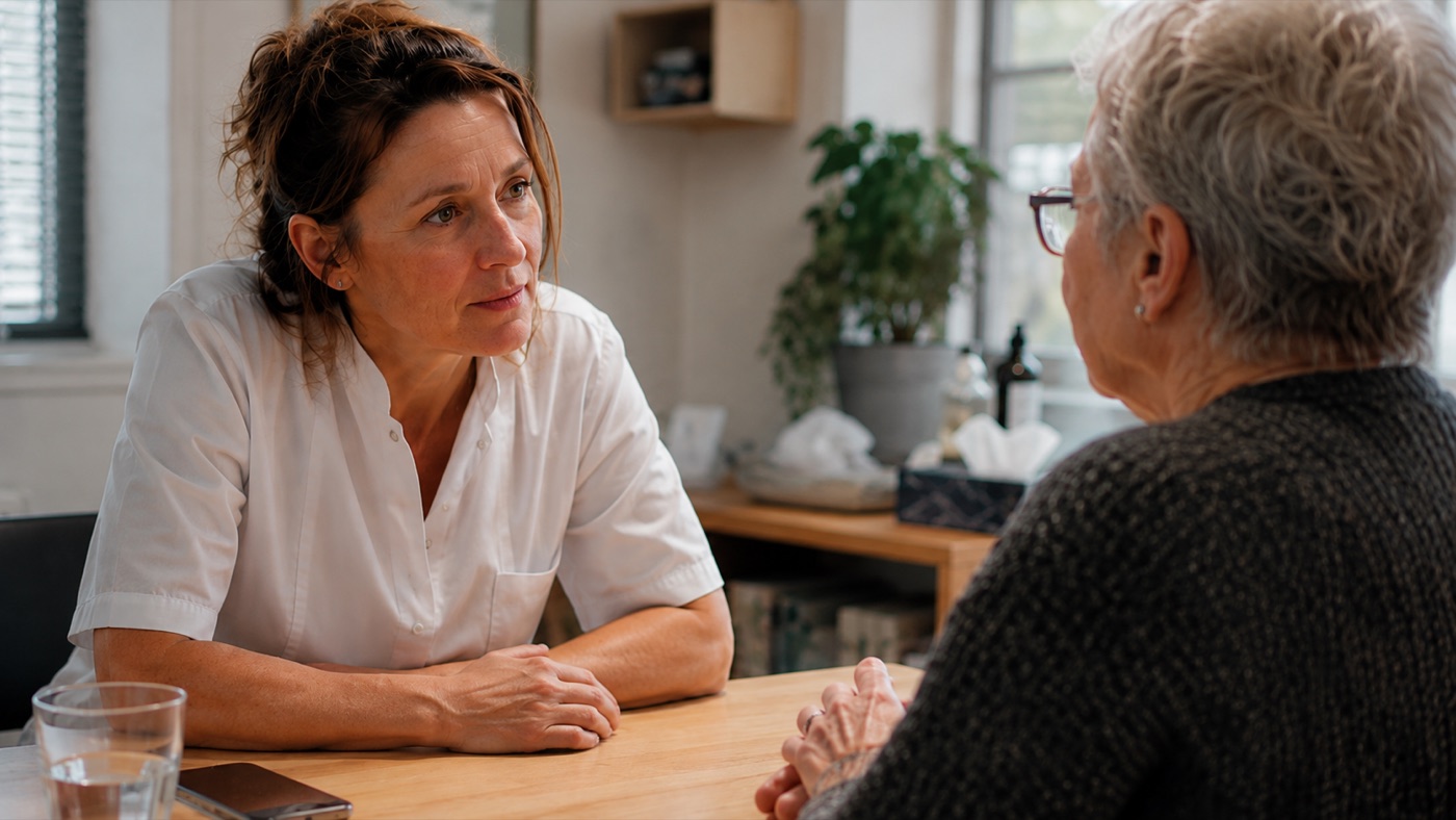 A care professional in conversation with a client at a table