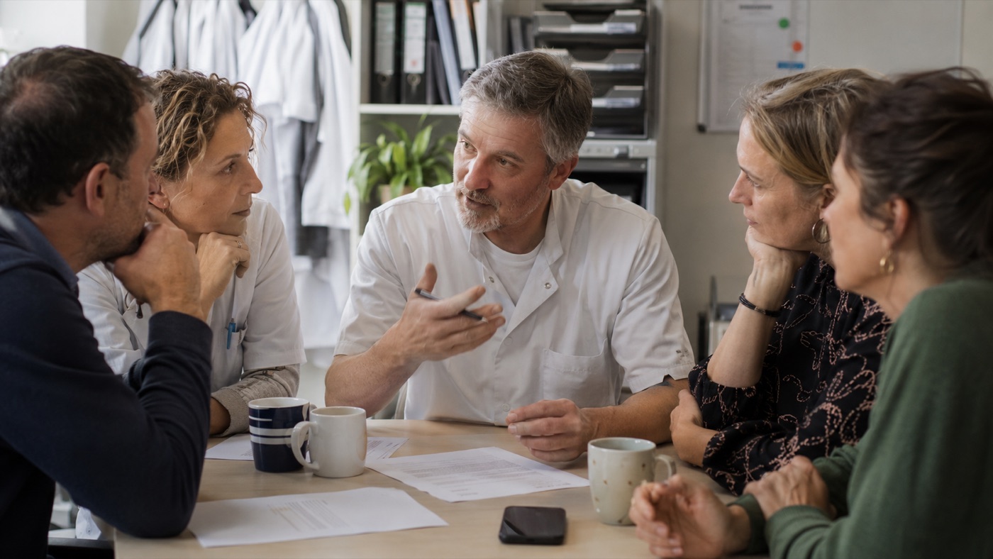 A multidisciplinary team meeting around a table, with the phone in the middle